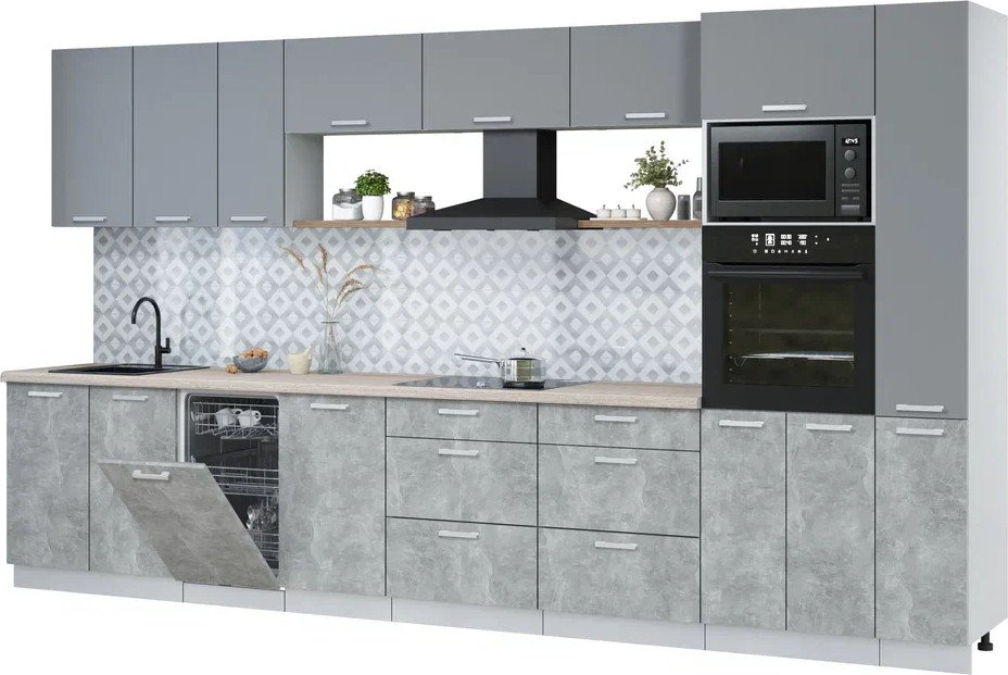 

Готовая кухня Интерлиния Мила Лайт 3.8-ПМ3 (серебро/бетон/травертин серый)