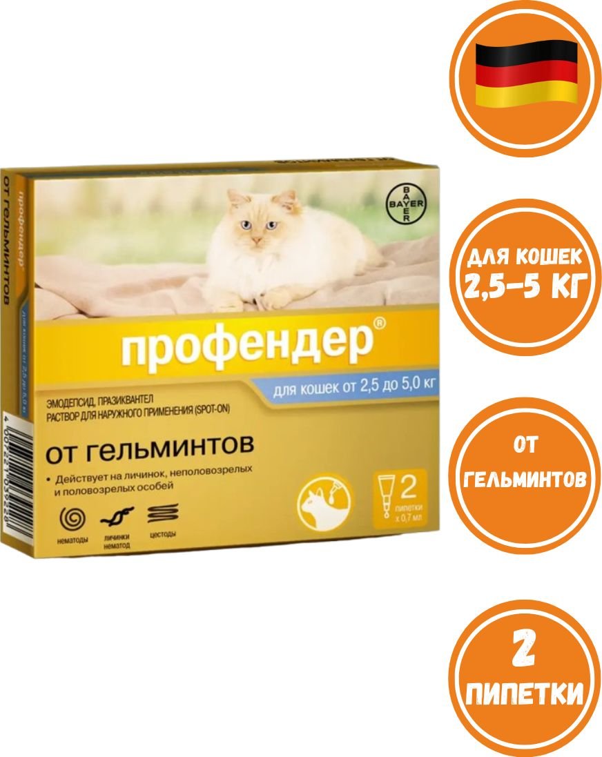 

Капли от блох и клещей Elanco Профендер для дегельминтизации кошек весом 2.5-5 кг (2 пипетки)
