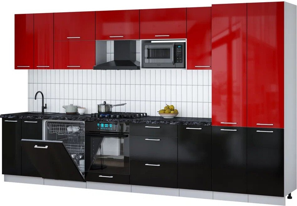 

Готовая кухня Интерлиния Мила Gloss 3.6-ПМ2 (черный глянец/красный глянец/кастилло темный)