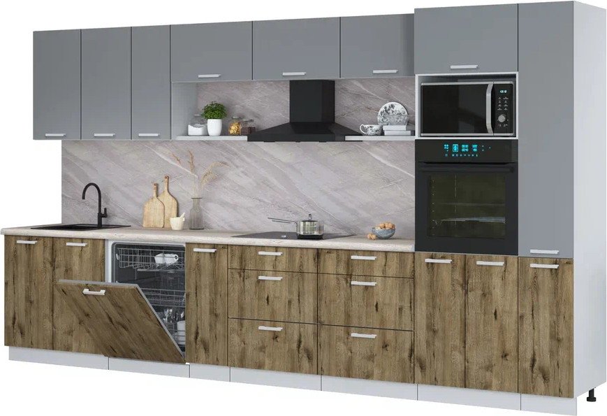 

Готовая кухня Интерлиния Мила Лайт 3.8-ПМ1 (серебро/дуб веллингтон/травертин серый)