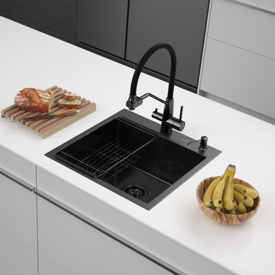 Кухонная мойка ARFEKA ECO AR мойка 500*500, коландер F, дозатор BLACK DECOR MILLET