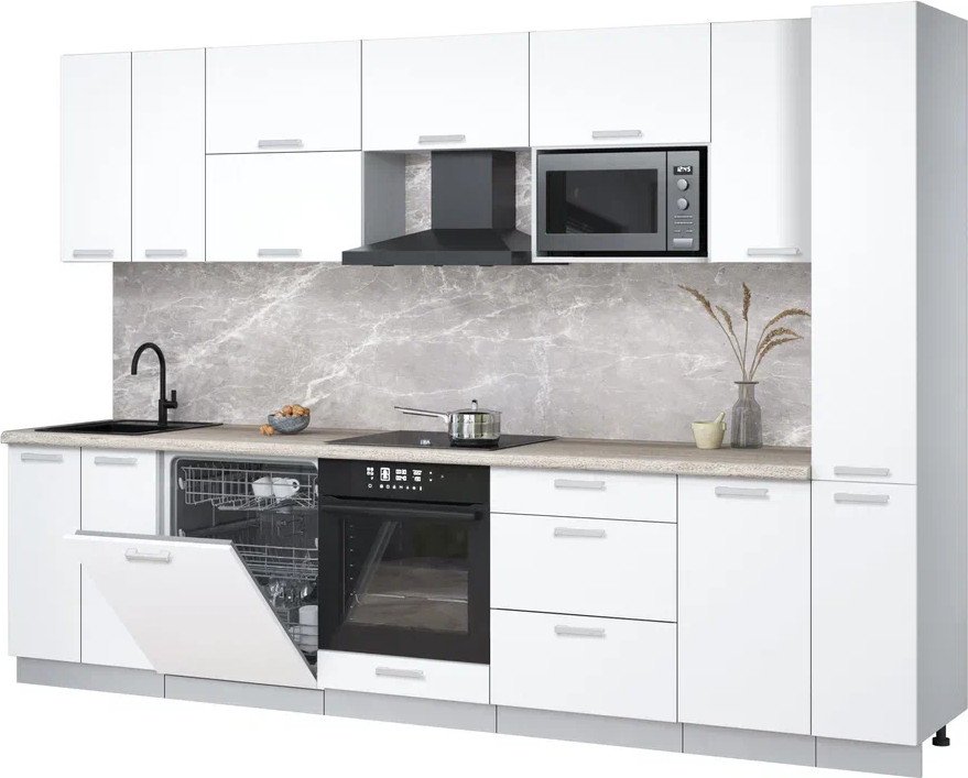 

Готовая кухня Интерлиния Мила Лайт 3.1-ПМ2 (белый платинум/белый платинум/травертин серый)