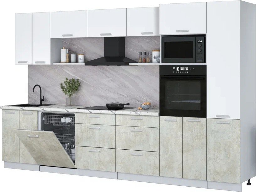 

Готовая кухня Интерлиния Мила Лайт 3.4-ПМ1 (белый платинум/бетон лайт/белый гранит)