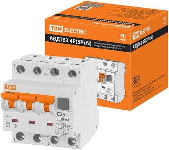 Дифференциальный автомат TDM Electric АВДТ-63/4P C25 30мА тип А SQ0202-0018