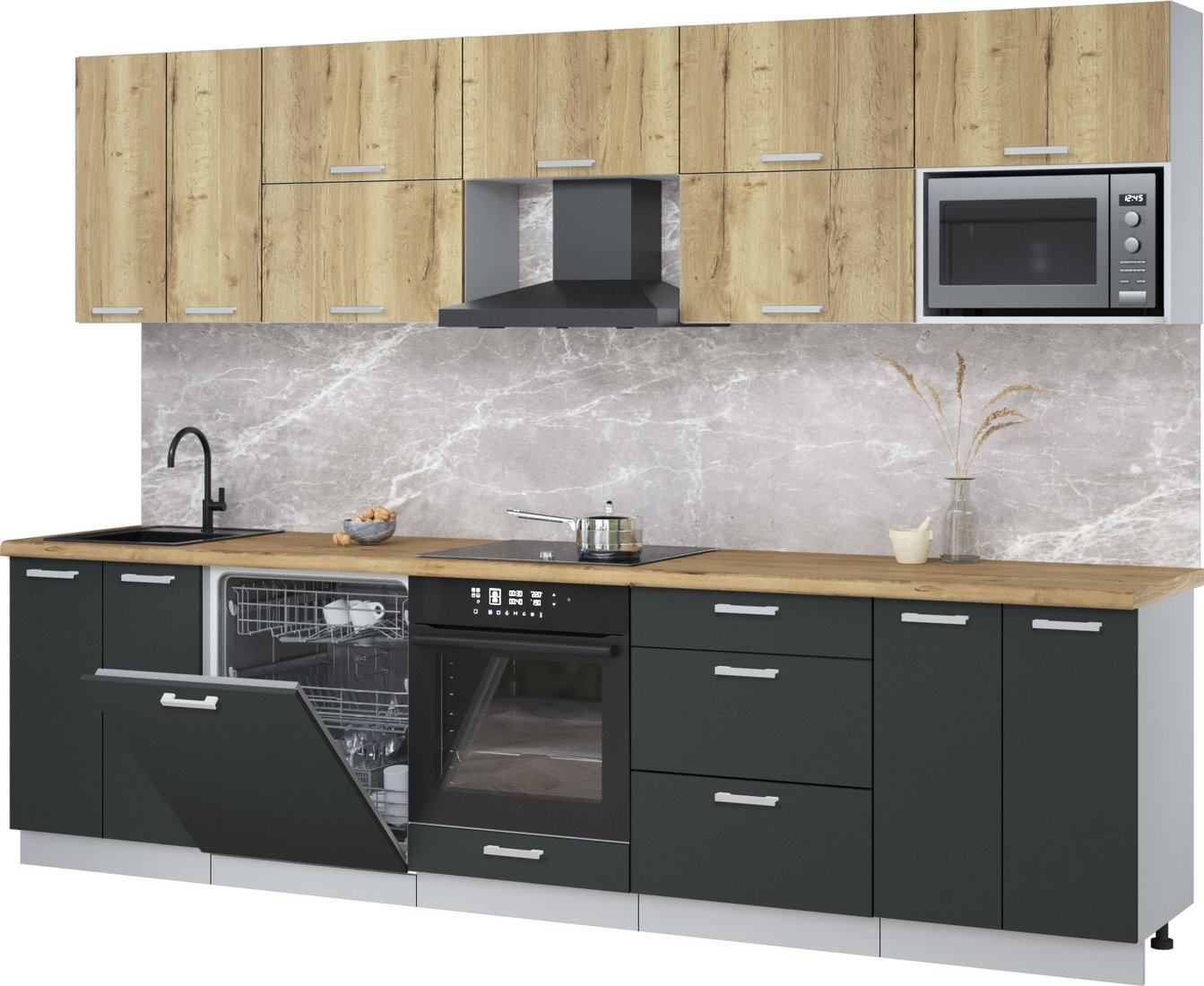 

Готовая кухня Интерлиния Мила Лайт 3.0-ПМ2 (дуб золотой/антрацит/дуб бунратти)