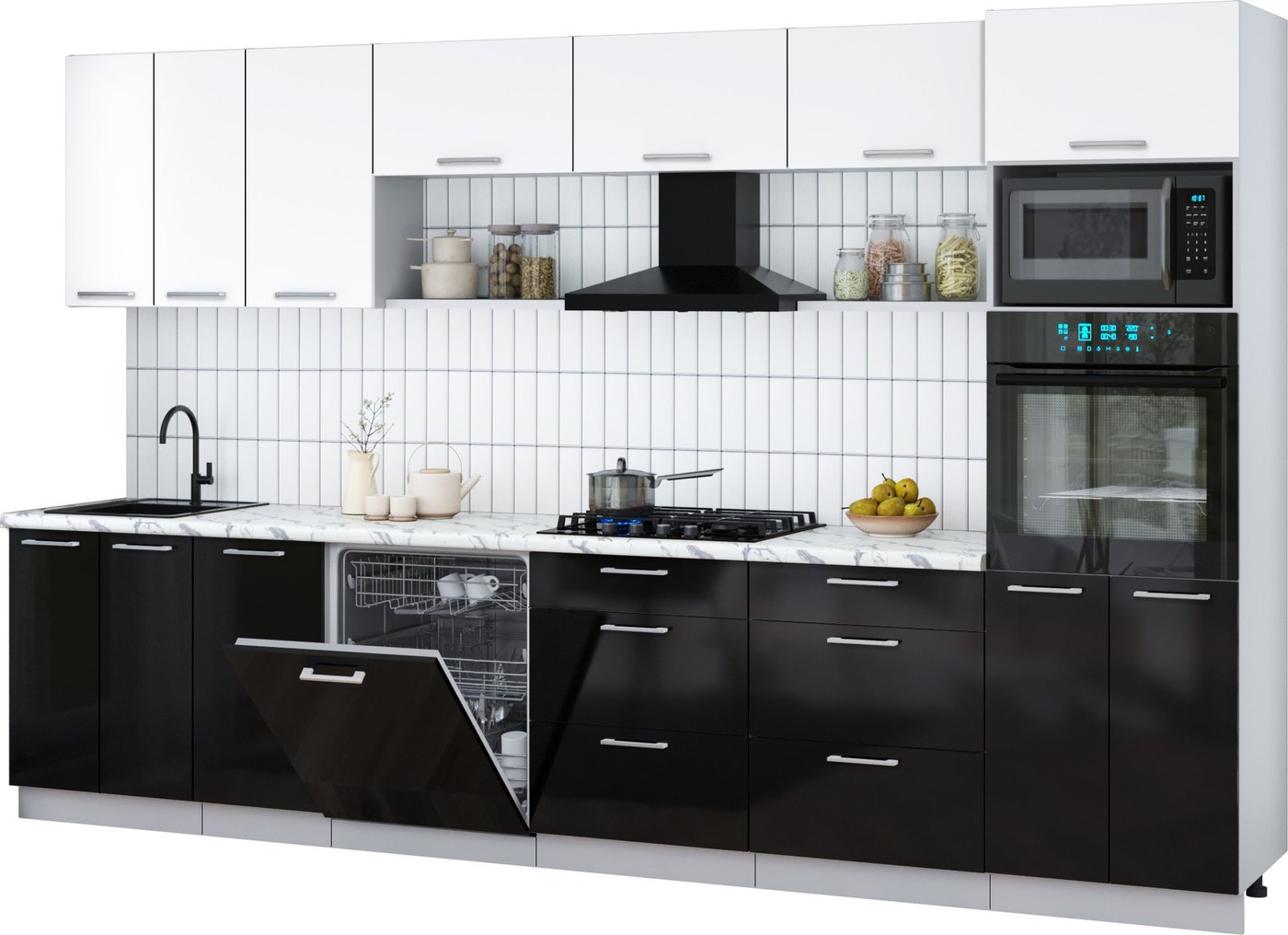 

Готовая кухня Интерлиния Мила Gloss 3.4-ПМ1-2 (черный глянец/белый/белый гранит)