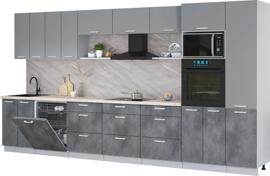 

Готовая кухня Интерлиния Мила Лайт 4.0-ПМ1 (серебро/бетон портленд/травертин серый)