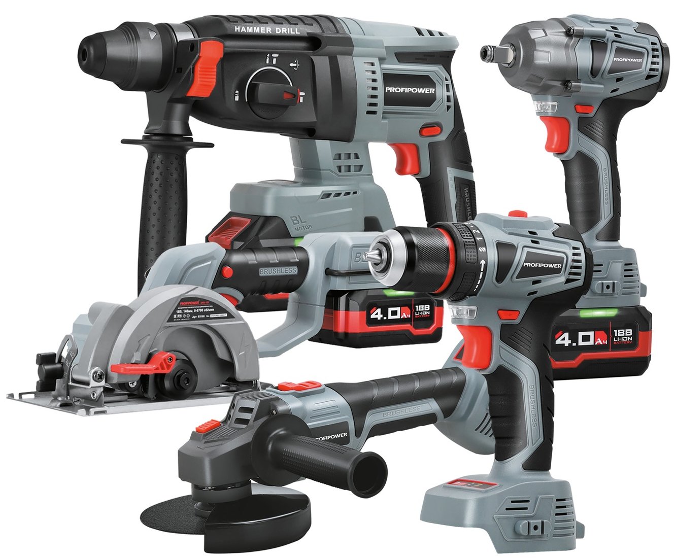 

Profipower ProfiSet-5F18 E0267 (болгарка, гайковерт, перфоратор, шуруповерт, циркулярка, 3 АКБ, кейс)