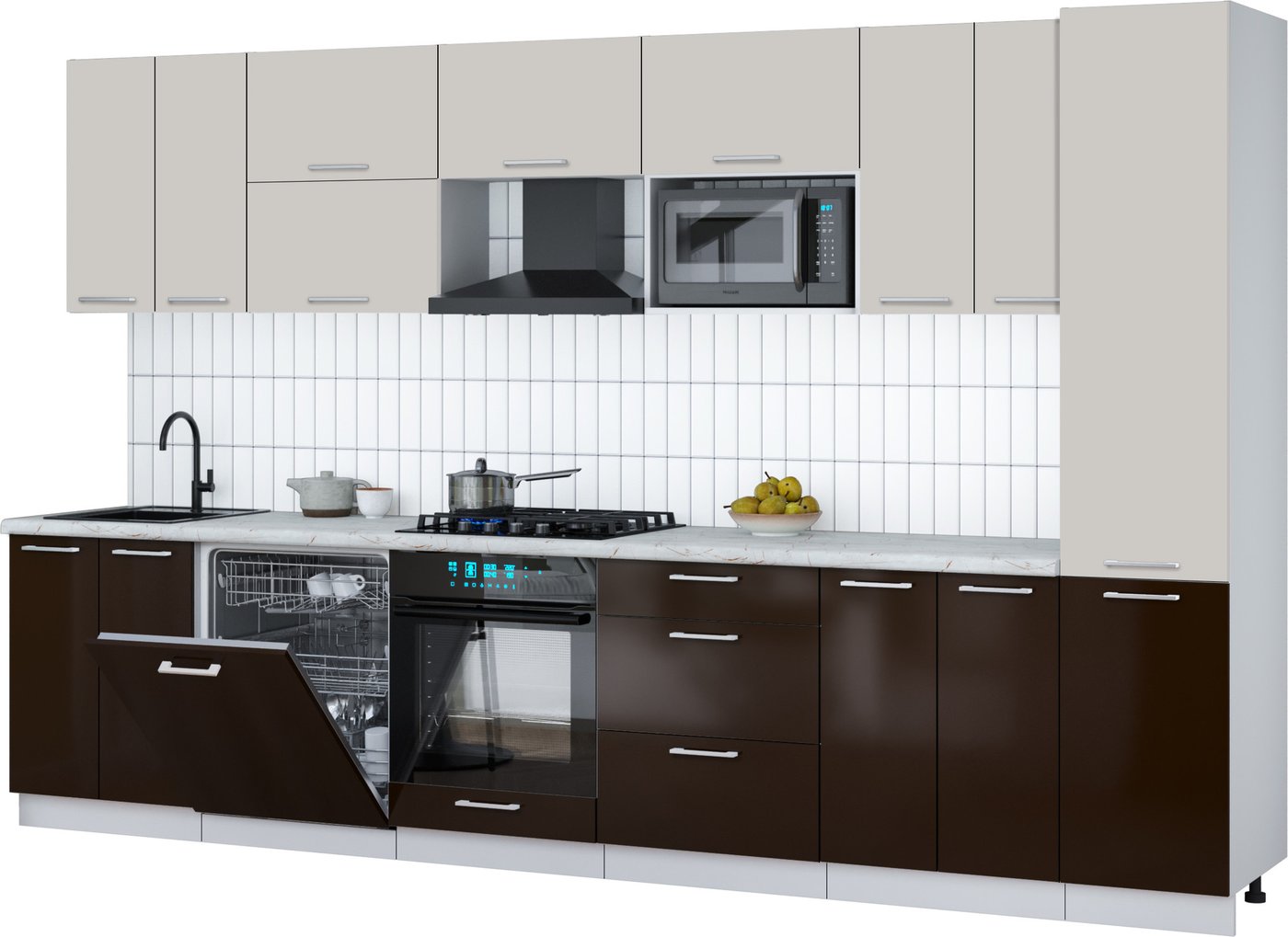 

Готовая кухня Интерлиния Мила Gloss 3.4-ПМ2 (шоколад глянец/кашемир/серый каспий)