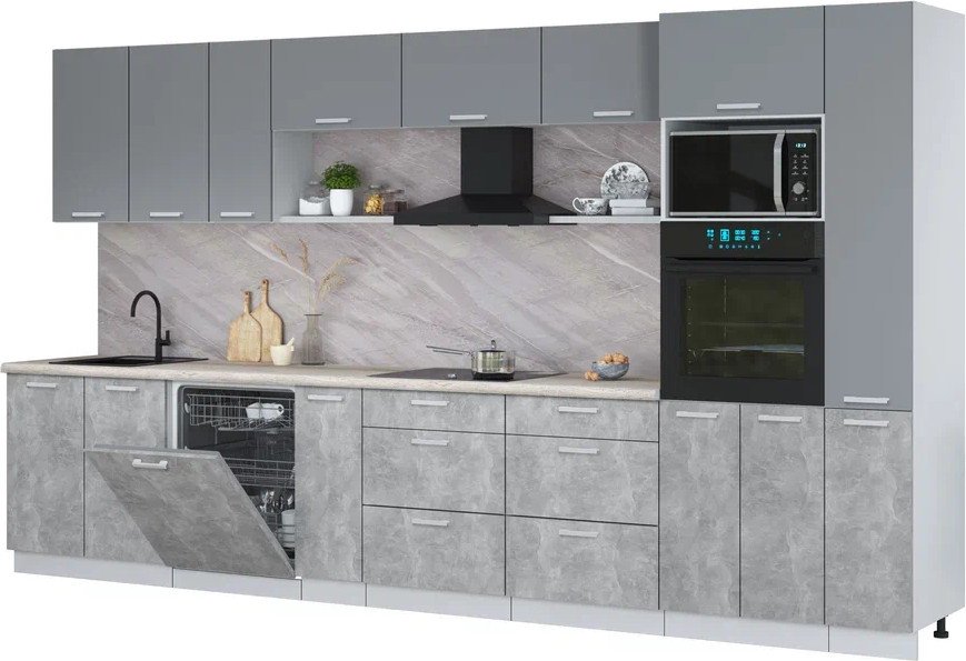 

Готовая кухня Интерлиния Мила Лайт 3.8-ПМ1 (серебро/бетон/травертин серый)