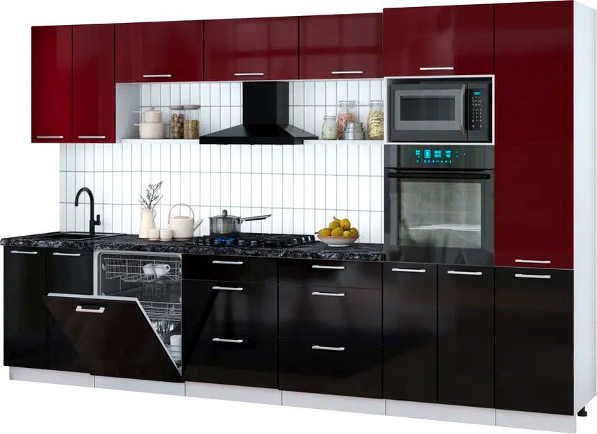 

Готовая кухня Интерлиния Мила Gloss 3.4-ПМ1 (черный глянец/бордовый глянец/кастилло темный)