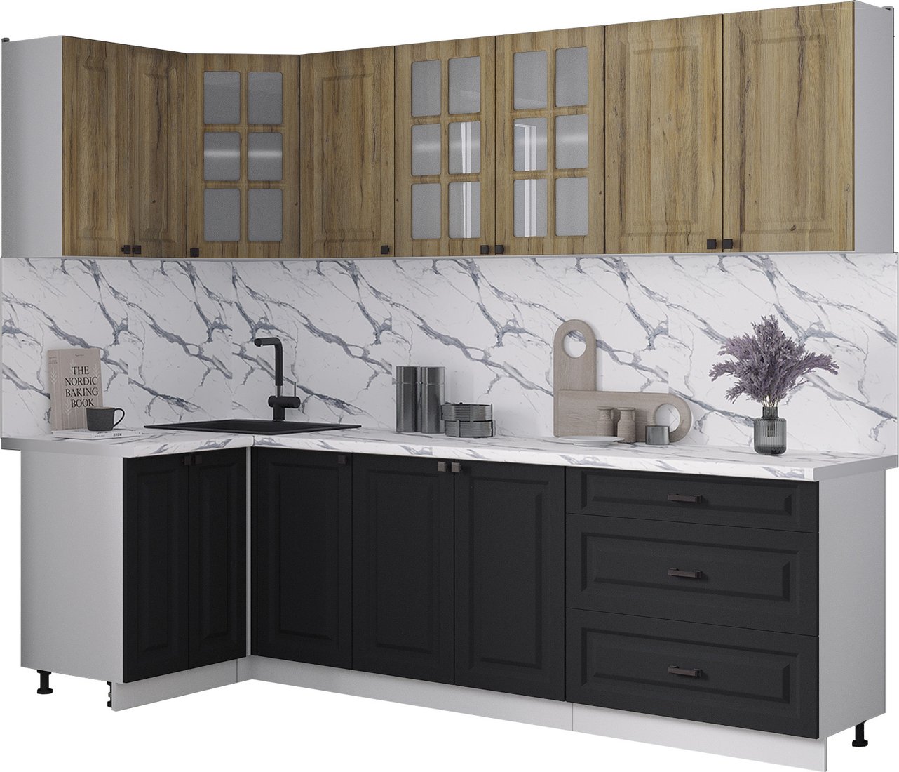 

Готовая кухня Интерлиния Мила Деко 1.2x2.6 (черный/дуб вотан/белый гранит)