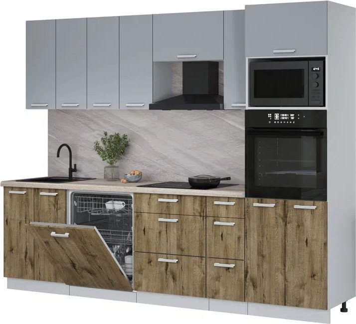 

Готовая кухня Интерлиния Мила Лайт 2.7-ПМ1 (серебро/дуб веллингтон/травертин серый)