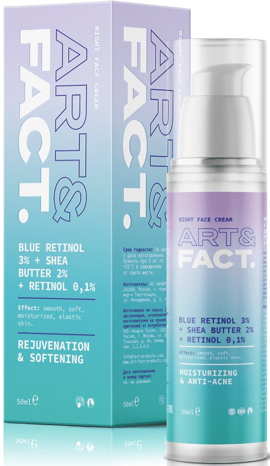 

Art&Fact Крем для лица Blue Retinol 3% + Shea 2% омолаживающий и регенерирующий ночной 50 мл