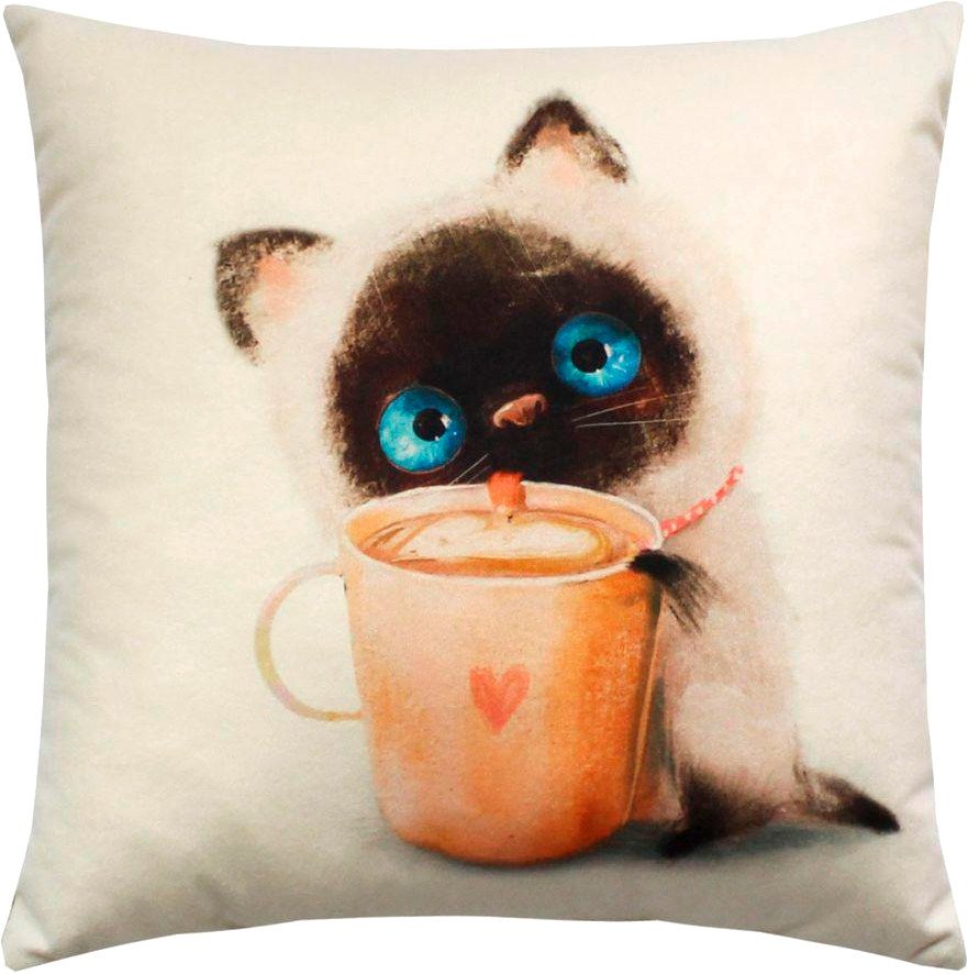 Декоративная подушка Matex Fluffy. Котик и кофеек 62-356 (молочный/бирюзовый/коричневый)