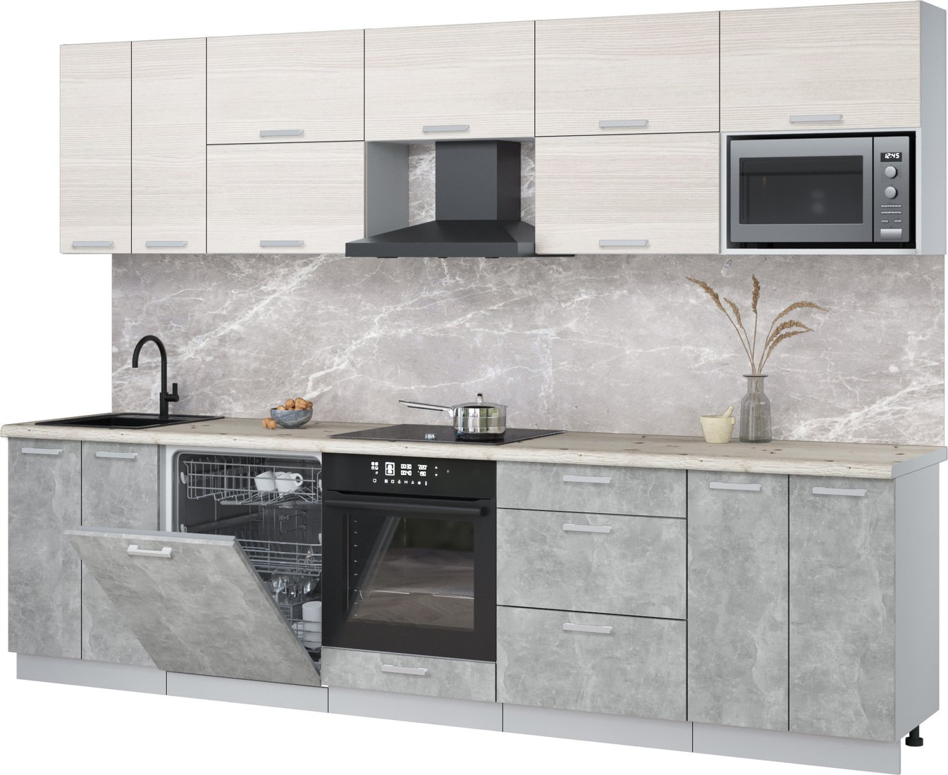 

Готовая кухня Интерлиния Мила Лайт 3.0-ПМ2 (вудлайн кремовый/бетон/бискайская сосна)