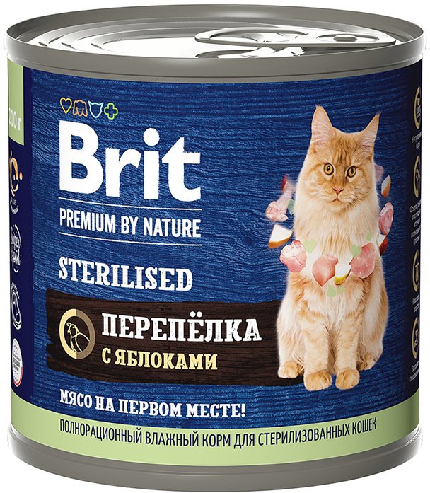 

Консервированный корм для кошек Brit Premium by Nature Sterilised с мясом перепелки и яблоками 200 г