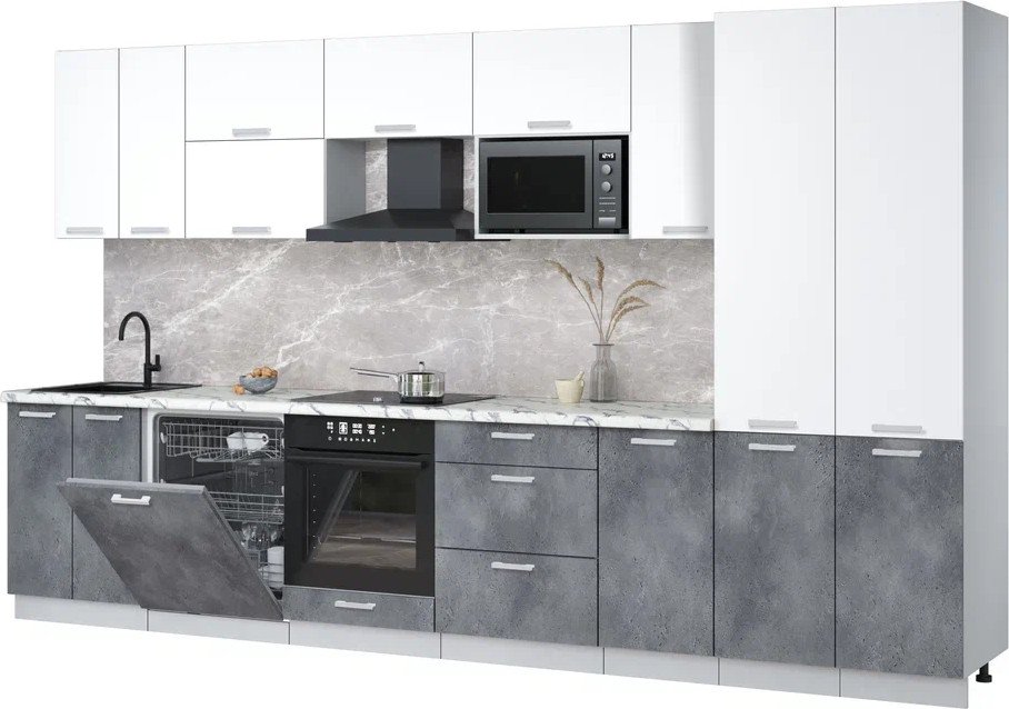 

Готовая кухня Интерлиния Мила Лайт 3.6-ПМ2 (белый платинум/бетон портленд/белый гранит)