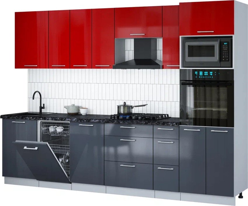 

Готовая кухня Интерлиния Мила Gloss 2.9-ПМ3 (асфальт глянец/красный глянец/кастилло темный)