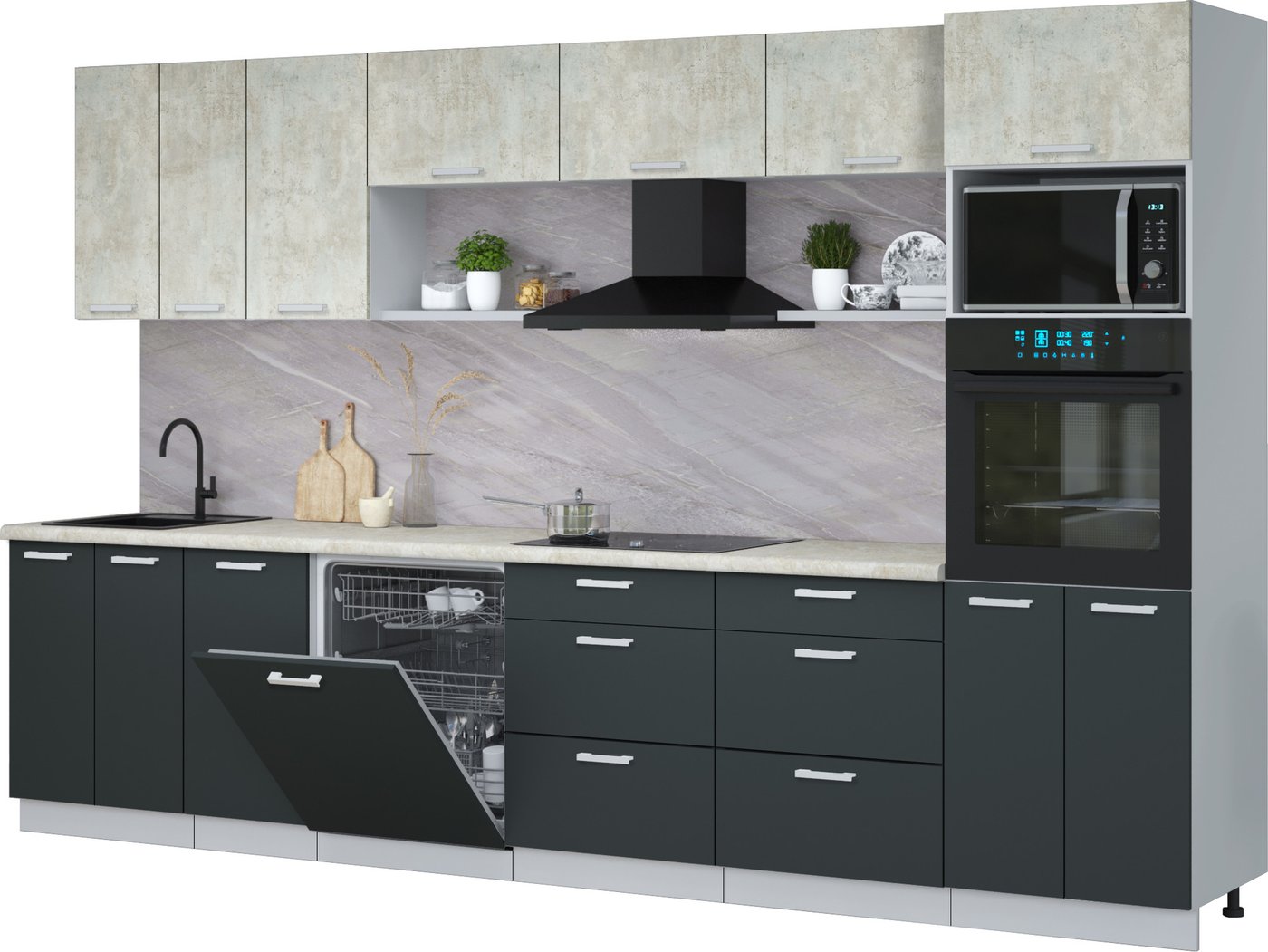 

Готовая кухня Интерлиния Мила Лайт 3.4-ПМ1-2 (бетон лайт/антрацит/опал светлый)