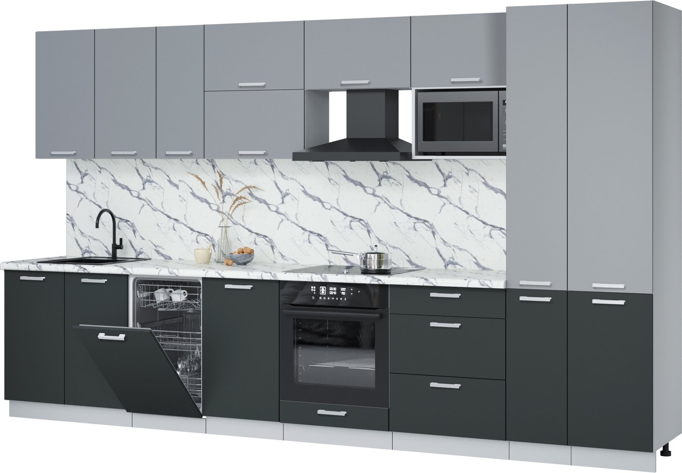 

Готовая кухня Интерлиния Мила Лайт 3.6-ПМ4 (серебро/антрацит/белый гранит)