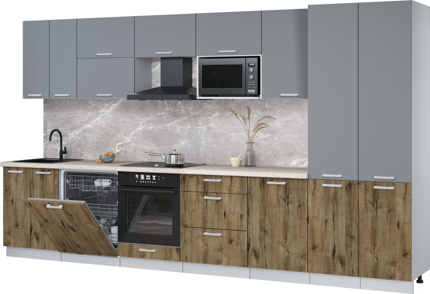 

Готовая кухня Интерлиния Мила Лайт 3.7-ПМ2 (серебро/дуб веллингтон/травертин серый)