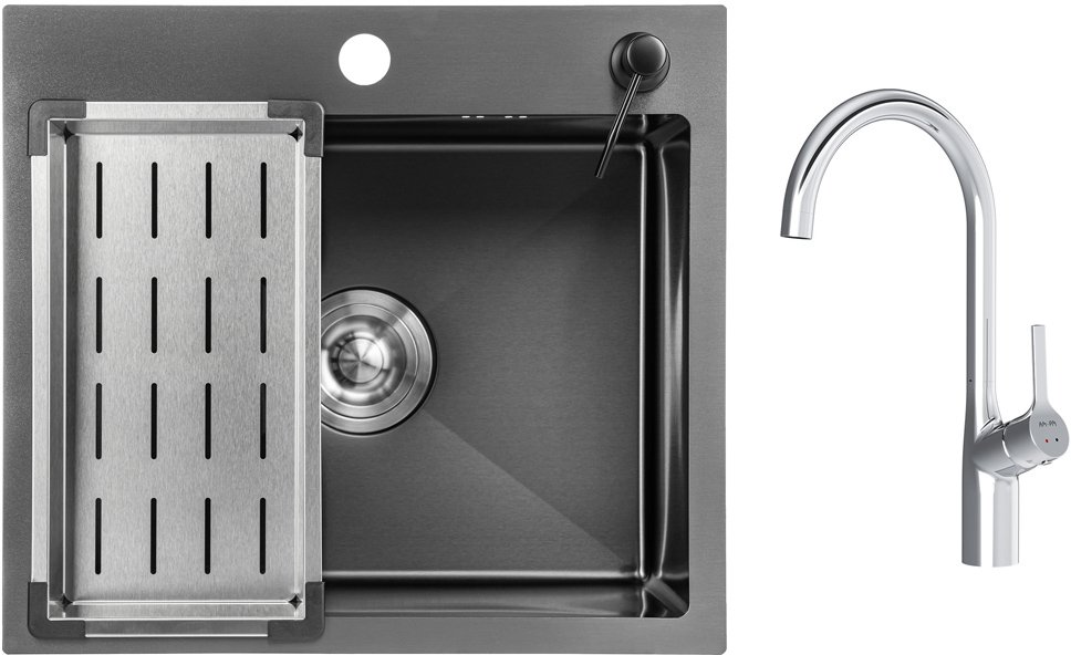 

Кухонная мойка Saniteco 5045 Nano + Spike F9S07000 (хром, с сифоном, дозатором и коландером)