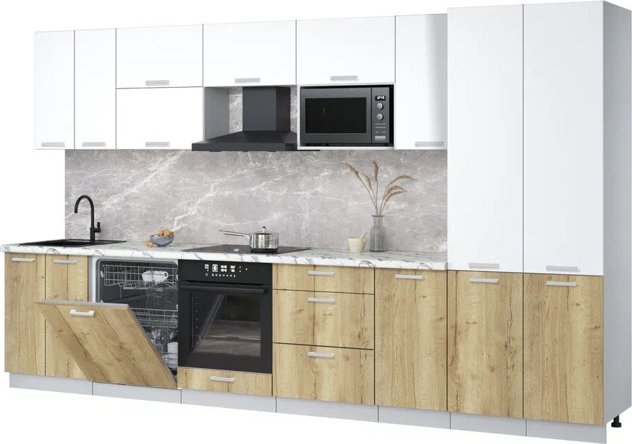 

Готовая кухня Интерлиния Мила Лайт 3.6-ПМ2 (белый платинум/дуб золотой/белый гранит)