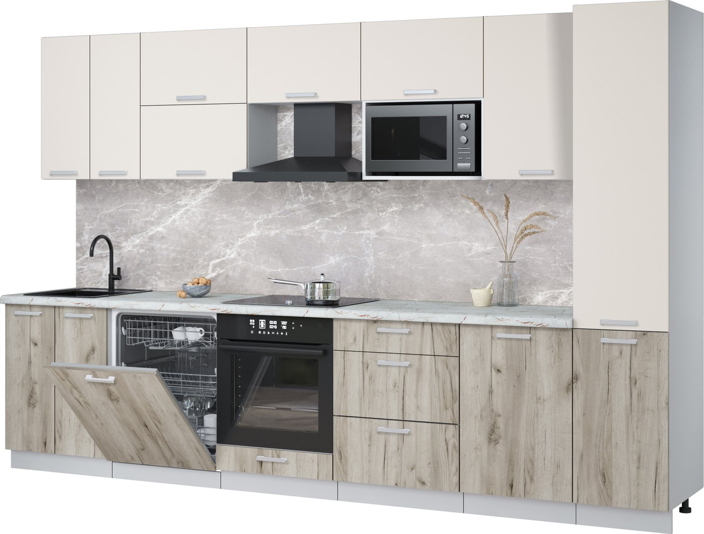 

Готовая кухня Интерлиния Мила Лайт 3.3-ПМ2 (персидский жемчуг/дуб серый/серый каспий)