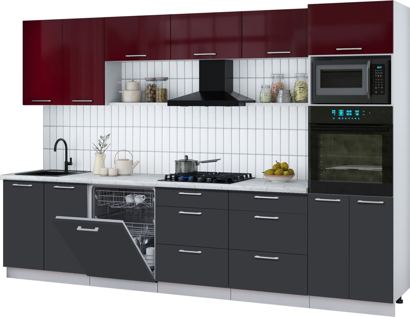 

Готовая кухня Интерлиния Мила Gloss 3.2-ПМ1 (пепел/бордовый глянец/серый каспий)