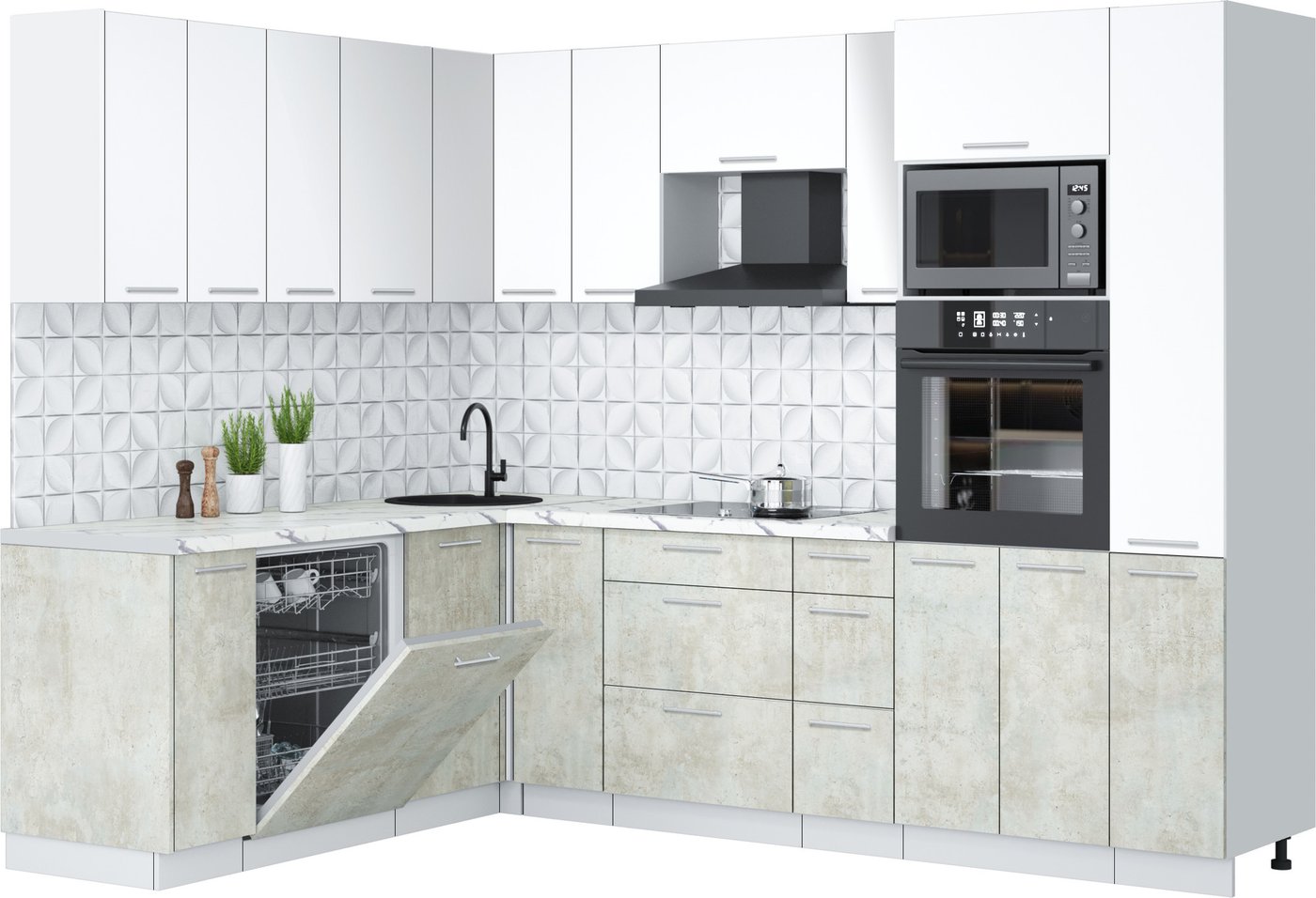 

Готовая кухня Интерлиния Мила Лайт 1.896х2.68 (белый платинум/бетон лайт/белый гранит)