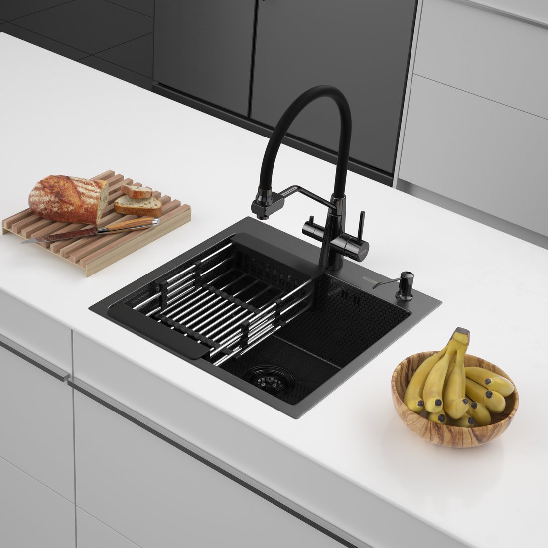 

Кухонная мойка ARFEKA ECO AR мойка 500*500, коландер, дозатор BLACK DECOR MILLET GRAINS