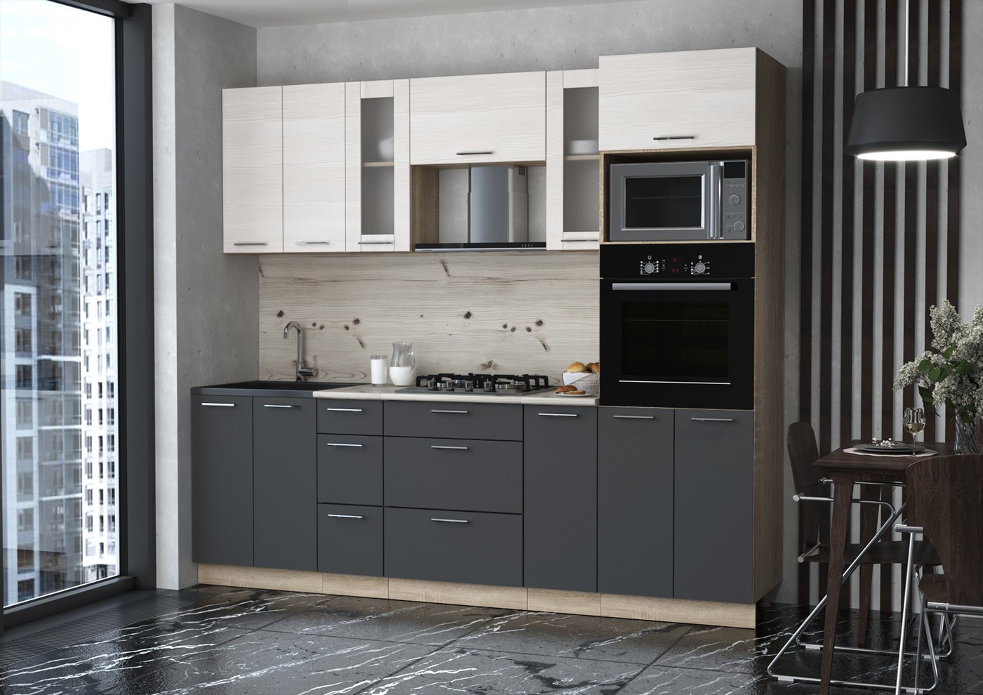 

Готовая кухня Интерлиния Мила 2.4 ВТ (вудлайн кремовый/антрацит/бискайская сосна)