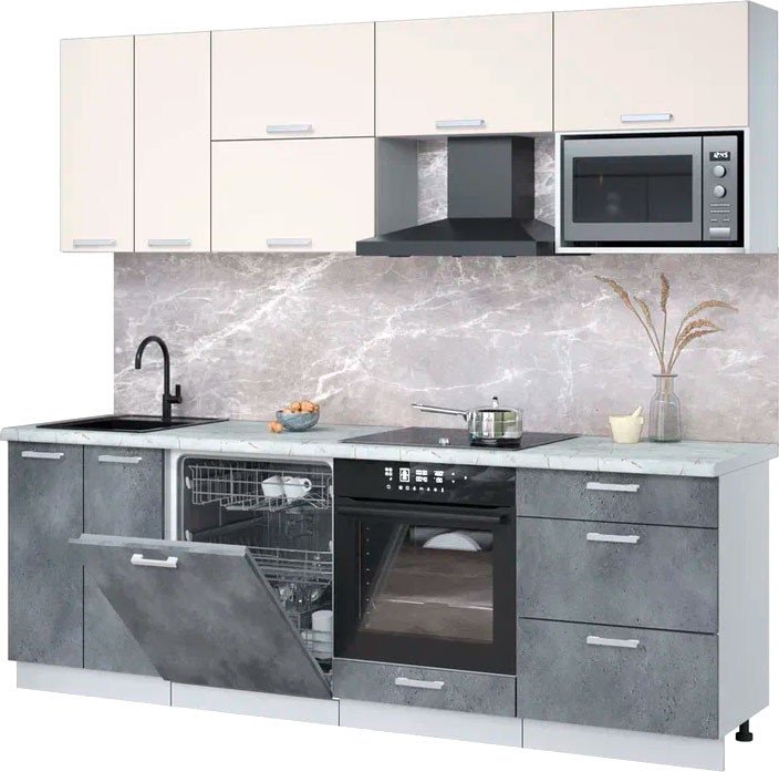 

Готовая кухня Интерлиния Мила Лайт 2.4-ПМ2 (персидский жемчуг/бетон портленд/серый каспий)