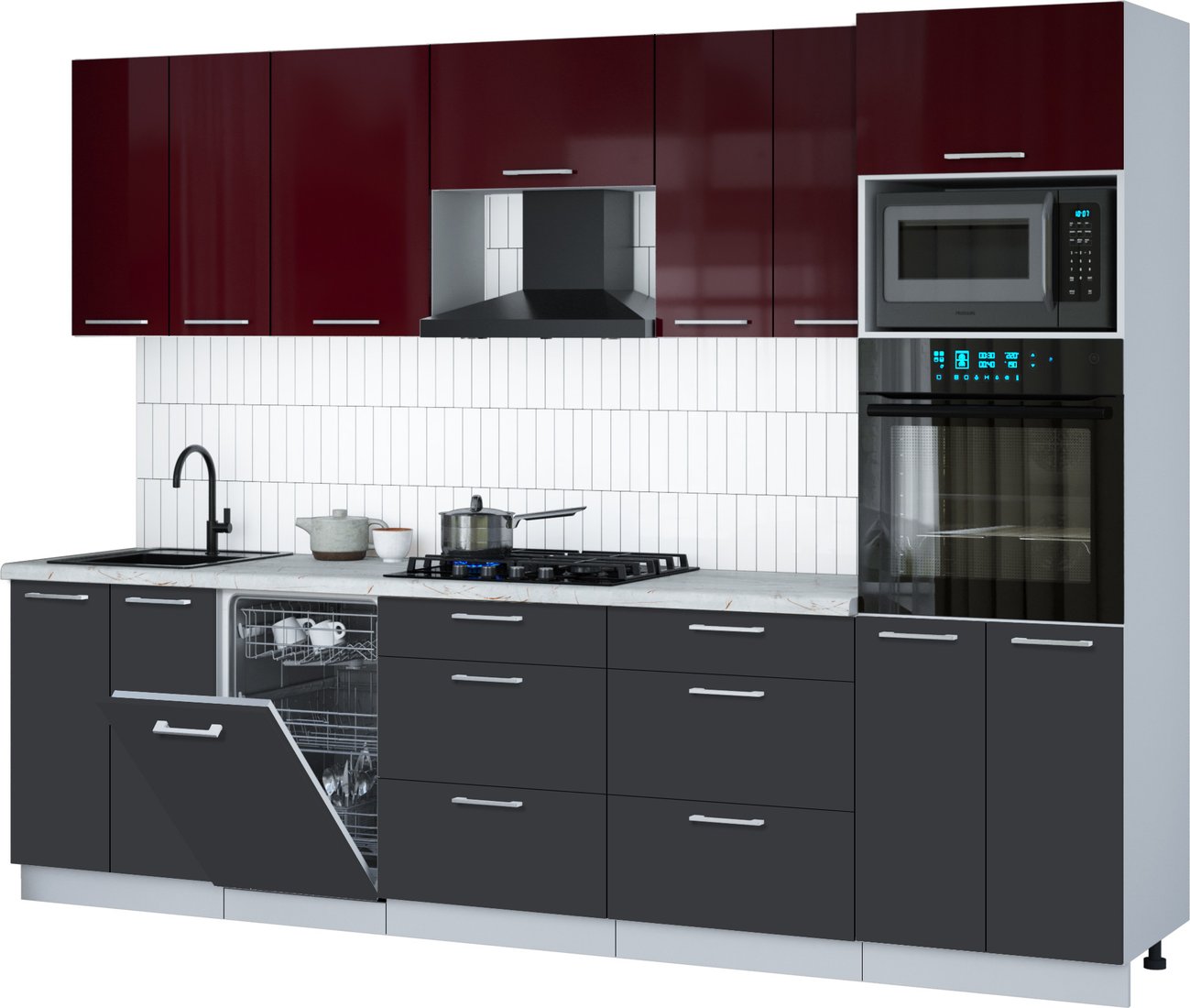 

Готовая кухня Интерлиния Мила Gloss 2.85-ПМ3 (пепел/бордовый глянец/серый каспий)