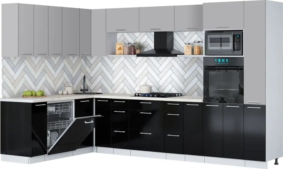 

Готовая кухня Интерлиния Мила Gloss 1.896х3.28 (черный глянец/грей/бискайская сосна)