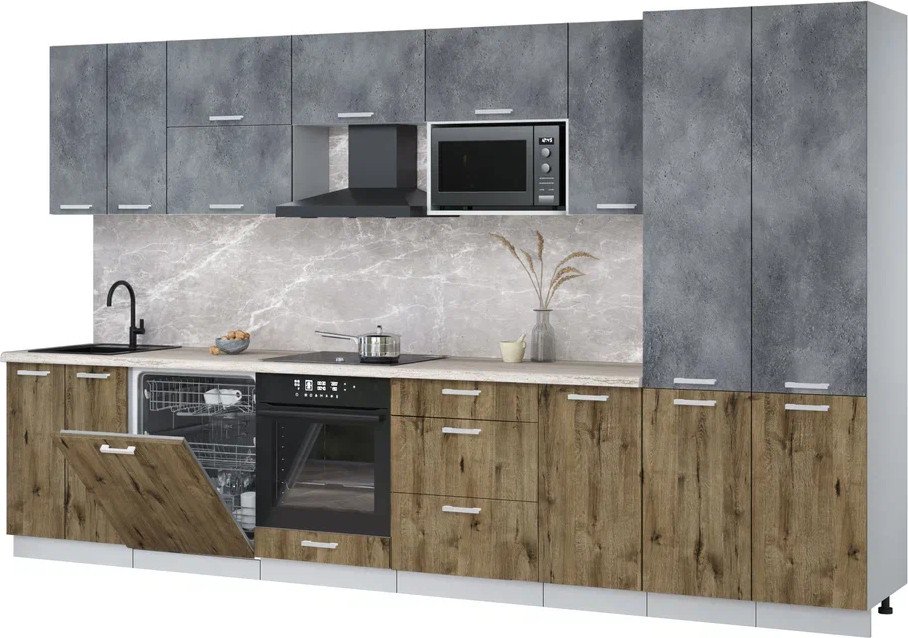 

Готовая кухня Интерлиния Мила Лайт 3.6-ПМ2 (бетон портленд/дуб веллингтон/травертин серый)