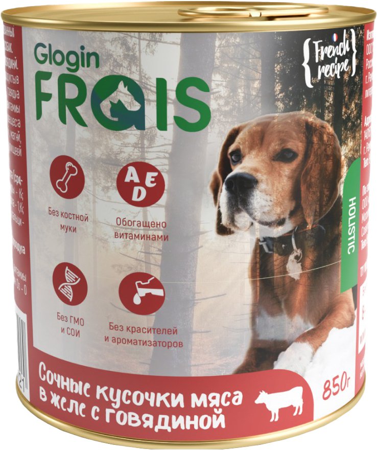 

Консервированный корм для собак Frais Holistic Dog мясные кусочки с говядиной в желе (850г)