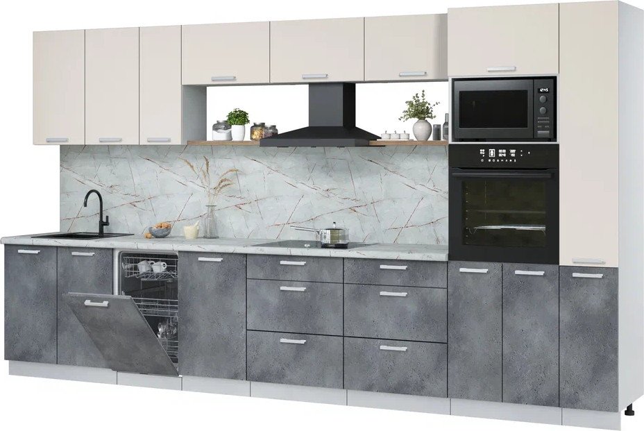 

Готовая кухня Интерлиния Мила Лайт 3.8-ПМ3 (персидский жемчуг/бетон портленд/серый каспий)