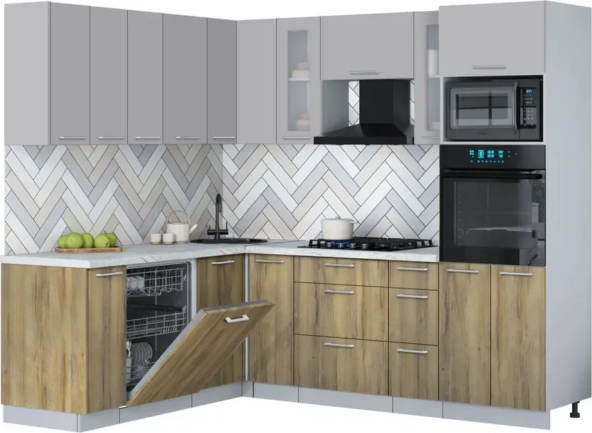 

Готовая кухня Интерлиния Мила Gloss 1.896х2.38 (дуб вотан/грей/серый каспий)