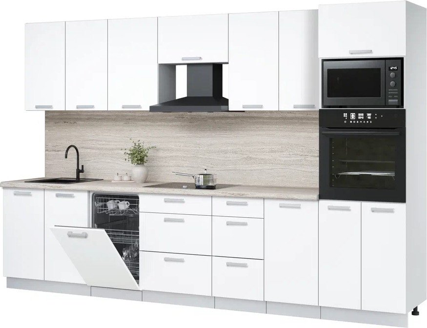 

Готовая кухня Интерлиния Мила Лайт 3.25-ПМ3 (белый платинум/белый платинум/травертин серый)