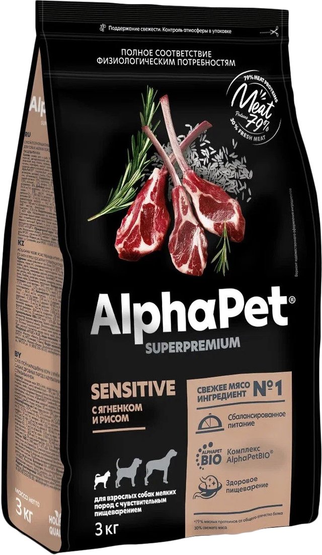 

Сухой корм для собак AlphaPet Superpremium Sensitive с ягненком и рисом для мелких пород 3 кг