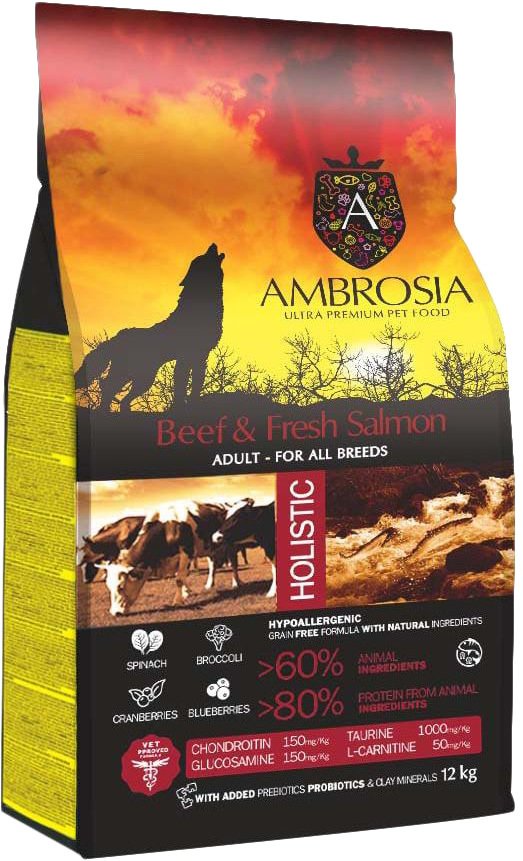 

Сухой корм для собак Ambrosia Adult All Breeds Beef & Fresh Salmon (для всех пород с говядиной и лососем) 12 кг