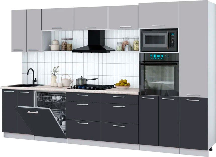 

Готовая кухня Интерлиния Мила Gloss 3.4-ПМ1 (пепел/грей/травертин серый)