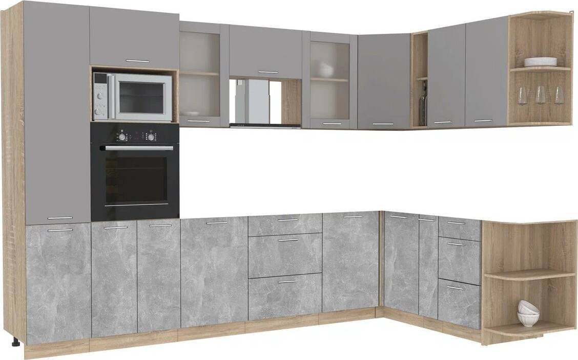 

Готовая кухня Интерлиния Мила 1.88x3.2 правая без столешницы (серебристый/бетон)