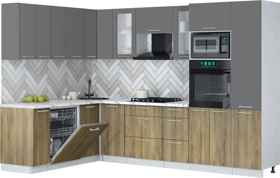 

Готовая кухня Интерлиния Мила Gloss 1.896х2.98 (дуб вотан/серый/белый гранит)