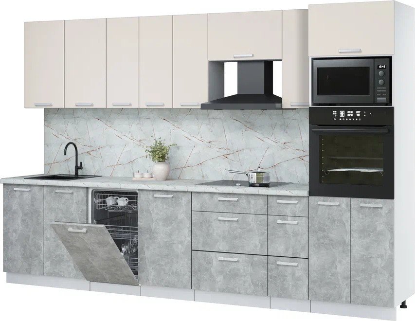 

Готовая кухня Интерлиния Мила Лайт 3.2-ПМ3 (персидский жемчуг/бетон/серый каспий)