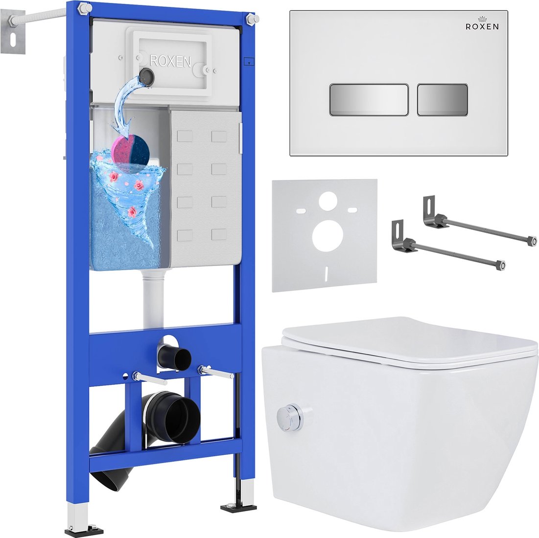 

Унитаз подвесной Roxen Cube Bidet One Rimless 6 в 1 StounFix Dual Fresh 640526 (белое стекло)