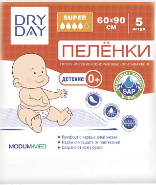 

Пеленка одноразовая Modum Dry Day Super детские 0+ 60x90 (5 шт)