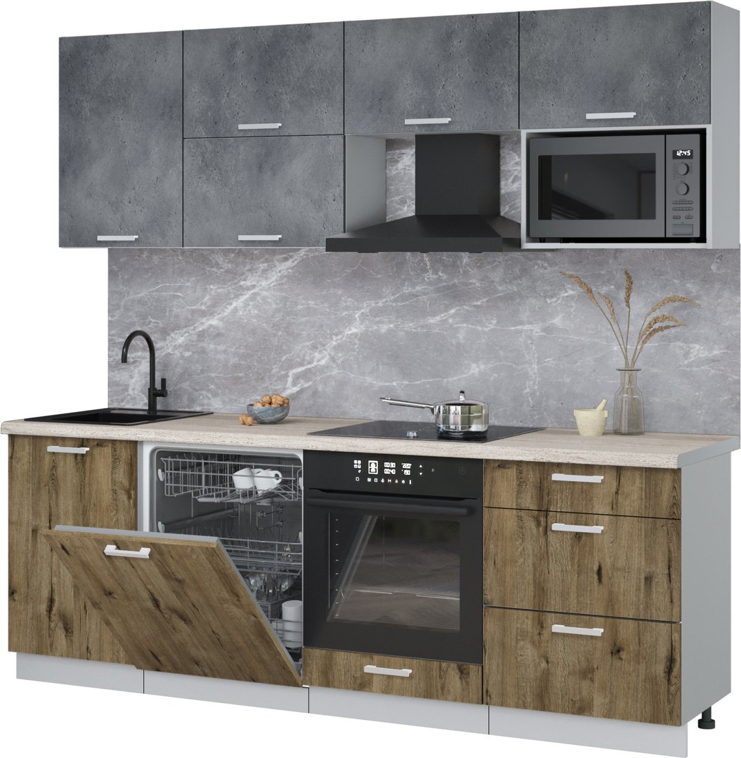 

Готовая кухня Интерлиния Мила Лайт 2.3-ПМ2 (бетон портленд/дуб веллингтон/травертин серый)